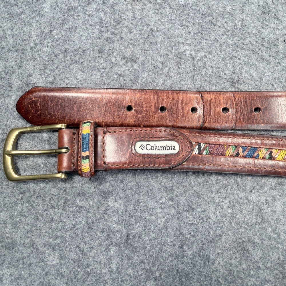 Columbia Mens Brown Leather Woven Inlay Belt Size 36 11CO0247 Brass Buckle